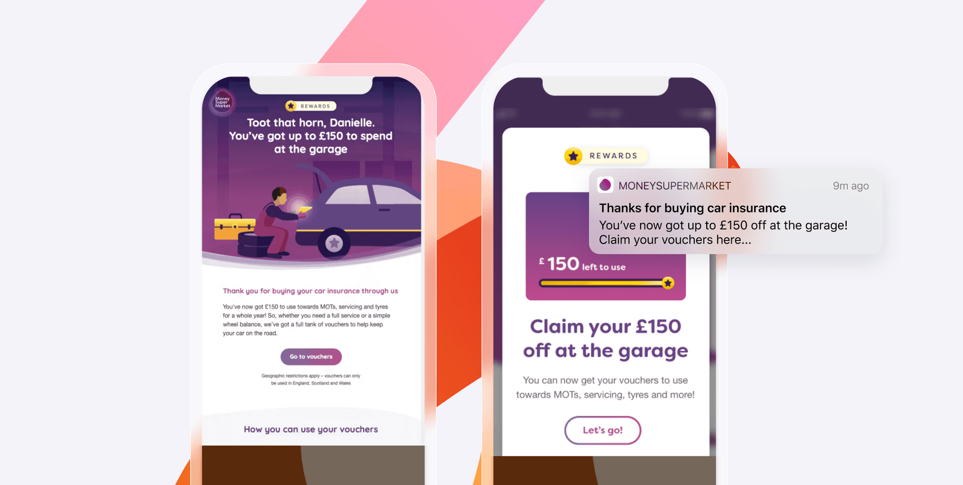 two phone screens showing messages from moneysupermarket