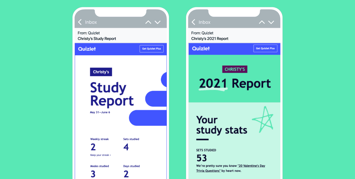 Two phone screens showing the brand Quizlet's 2021 year-in-review email