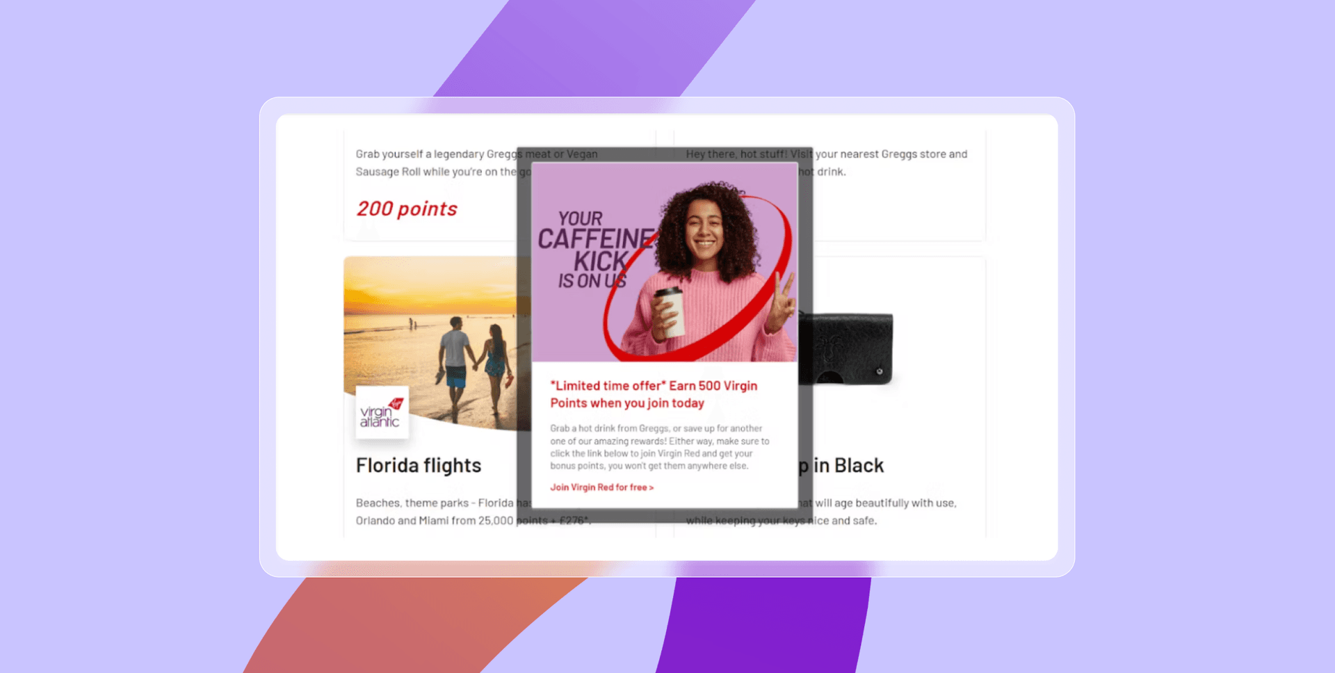 A tablet screen showing a message from Virgin Red about how to earn points to get free coffee