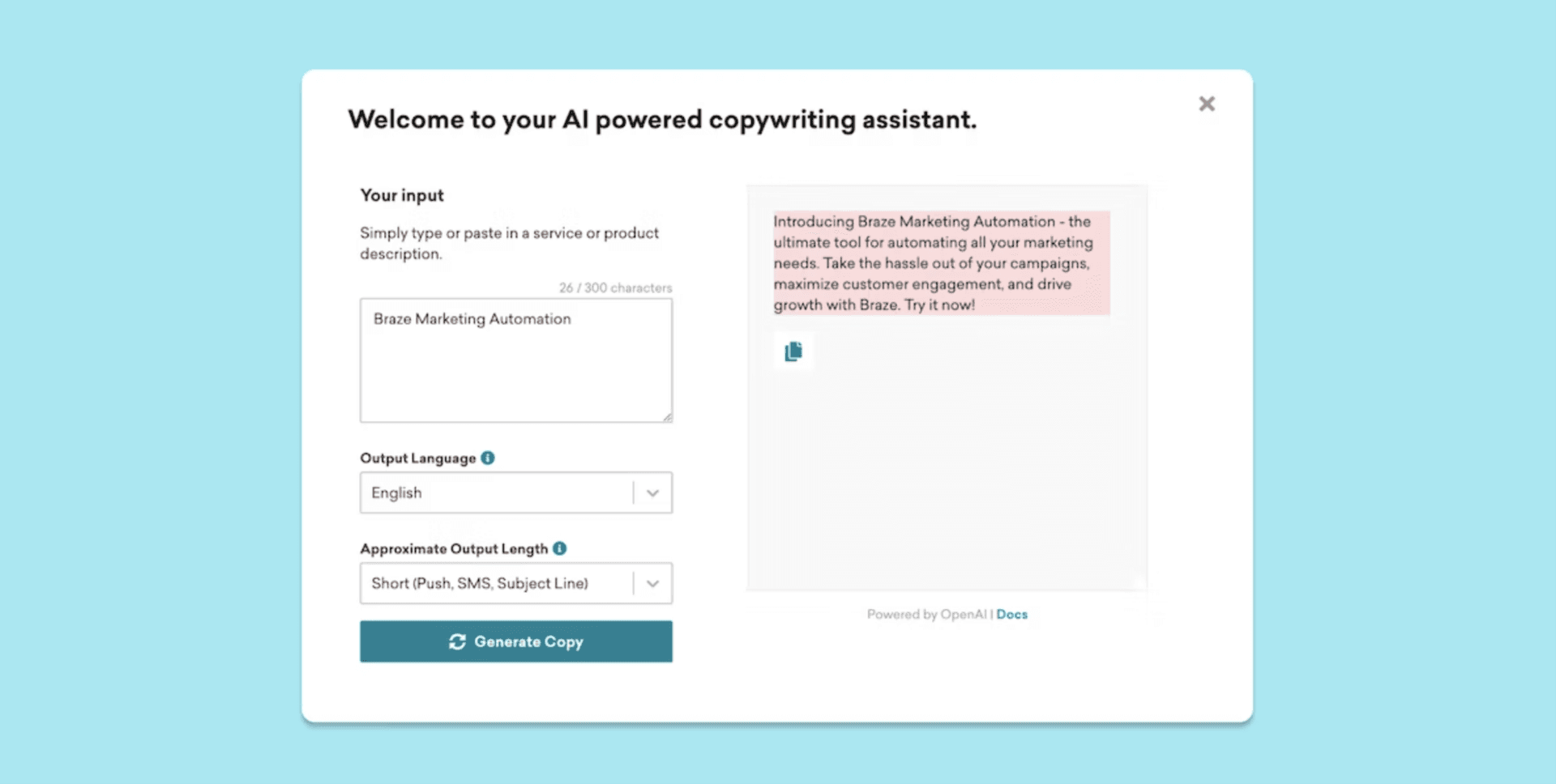 an image showing the Braze AI copywriting assistant