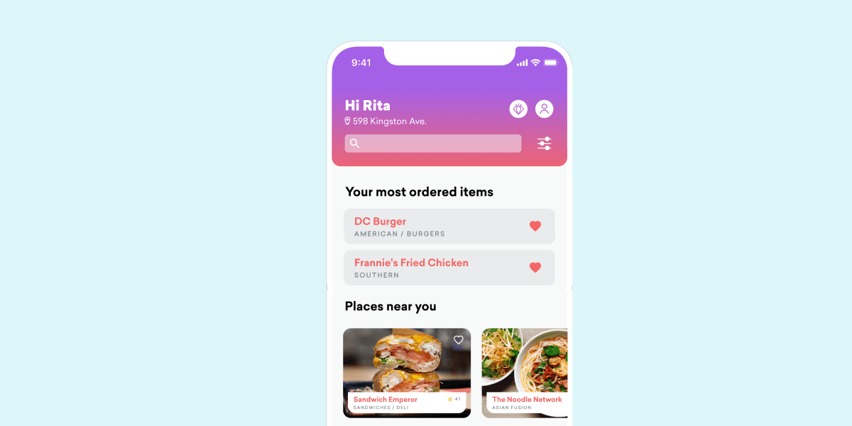 A food ordering app showing a users most-ordered items, prompting them to order again