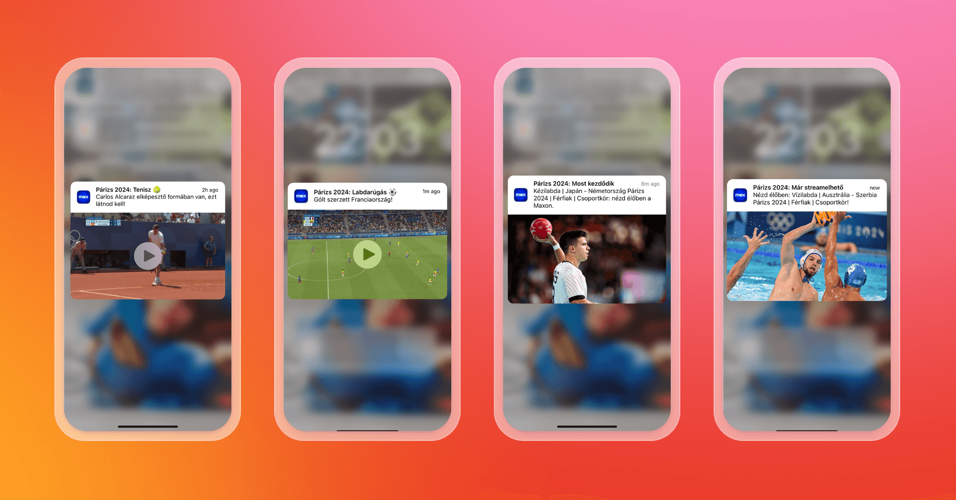 four cell phones are displaying different types of sports