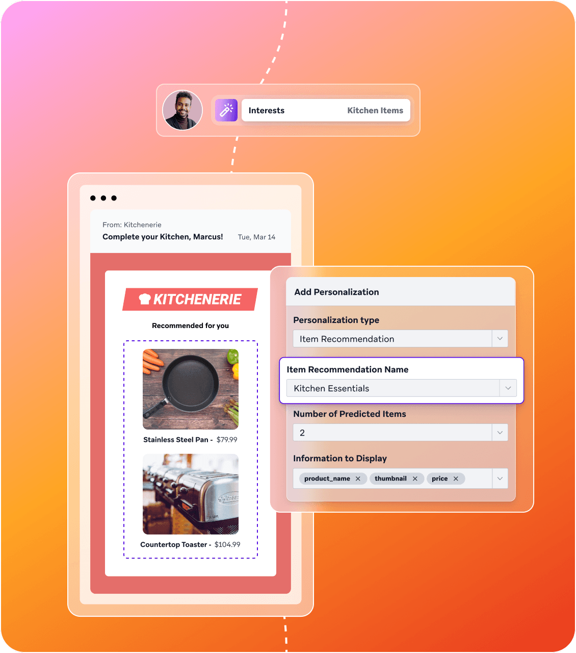 Elements of the Braze Sage AI interface next to an example message created in part by Sage AI.