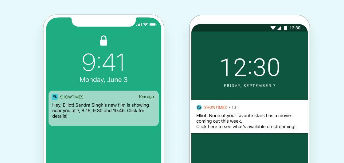 Push notifications using dynamic content to include movie showtime data