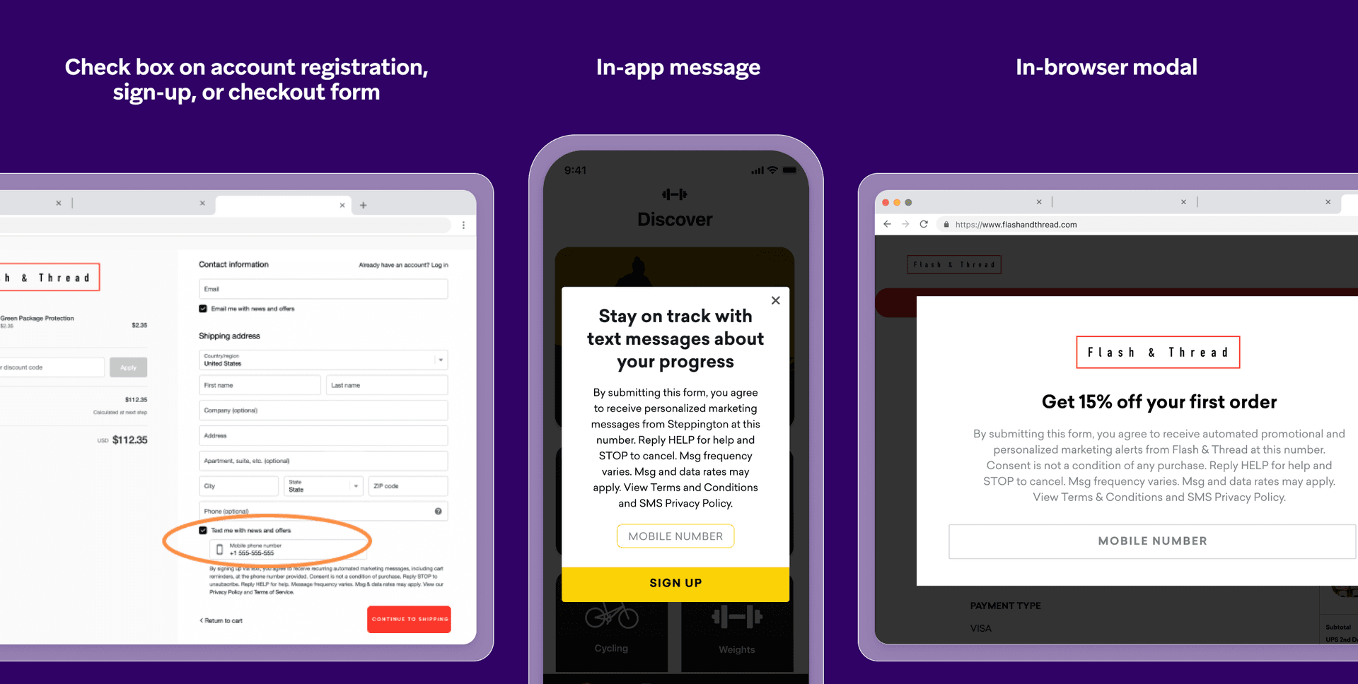 A registration form, in-app message, and in-browser messaging showing an SMS opt-in