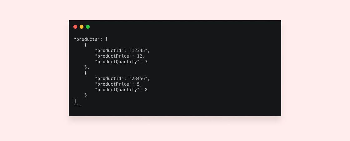 Event properties structured as an array of products that contains an object for each item.