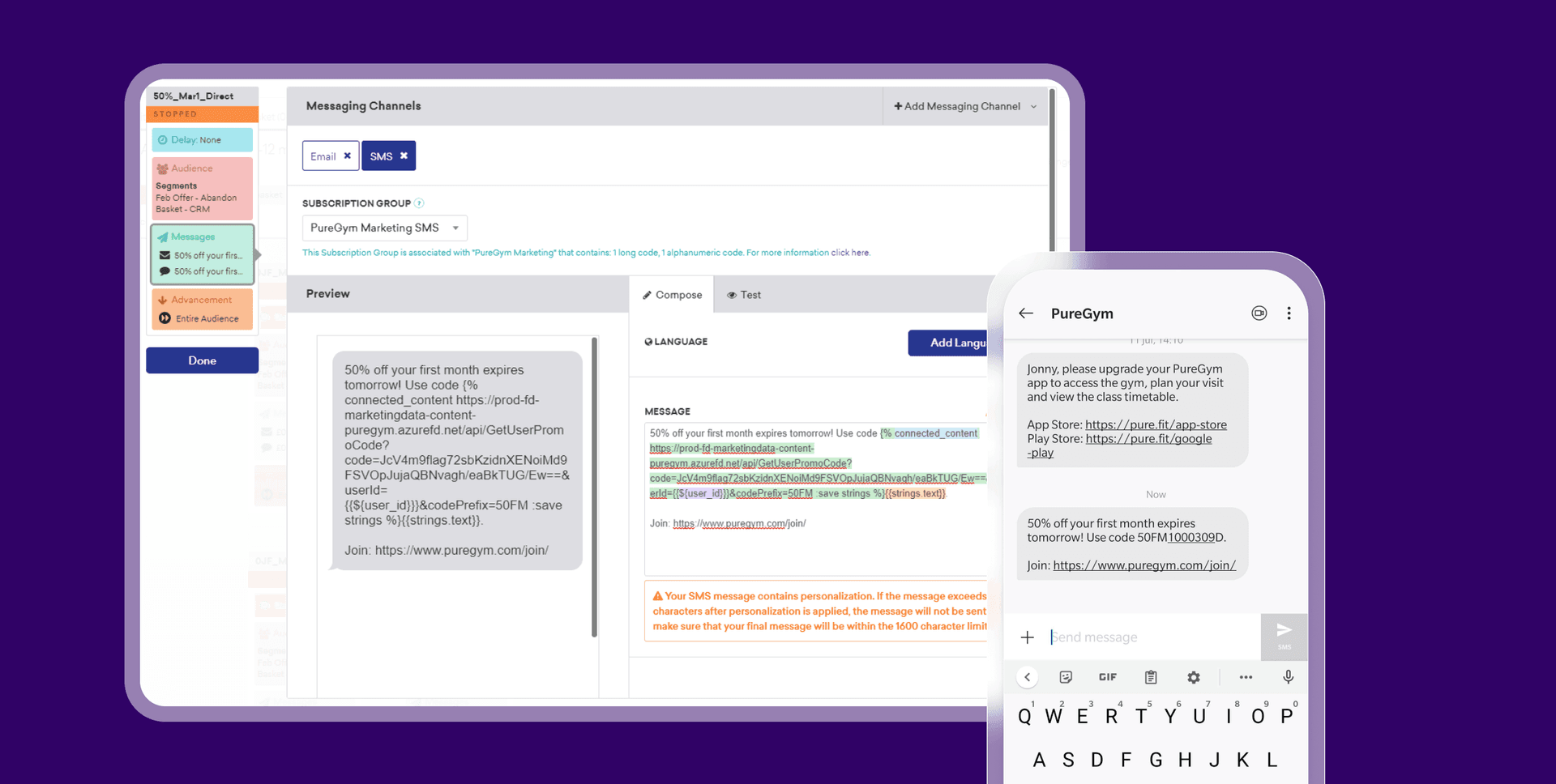 an image showing an SMS and a screen in the Braze platform on how to deliver it