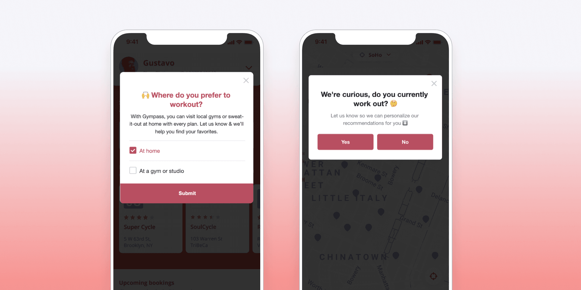 A push notification and in-app message from Gympass asking users how they like to work out