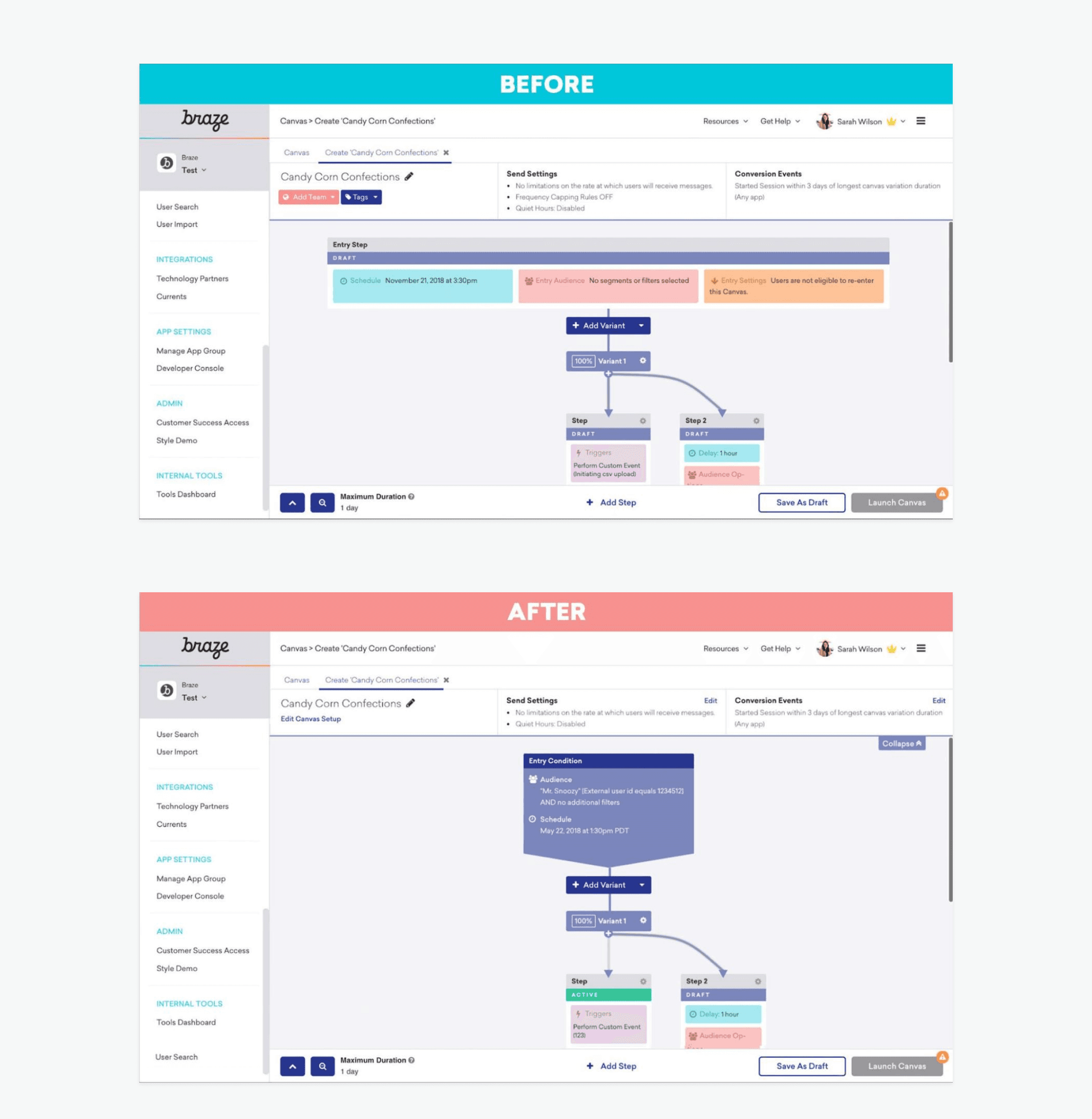 The original entry step vs. the Canvas Entry Settings Wizard