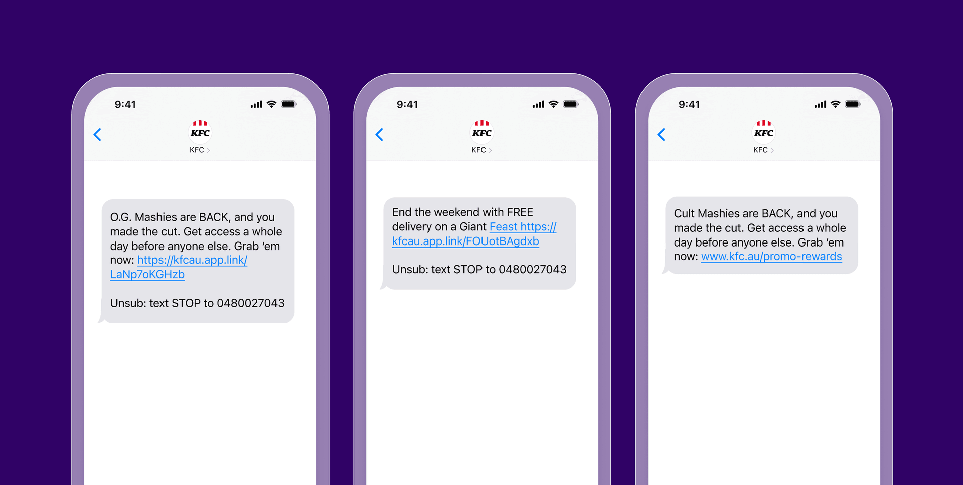 3 phone screens showing text messages from KFC