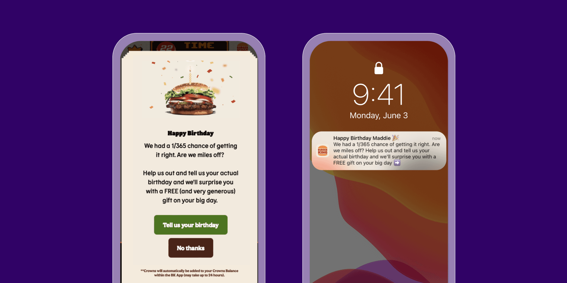 An in-app message from Burger King celebrating a birthday