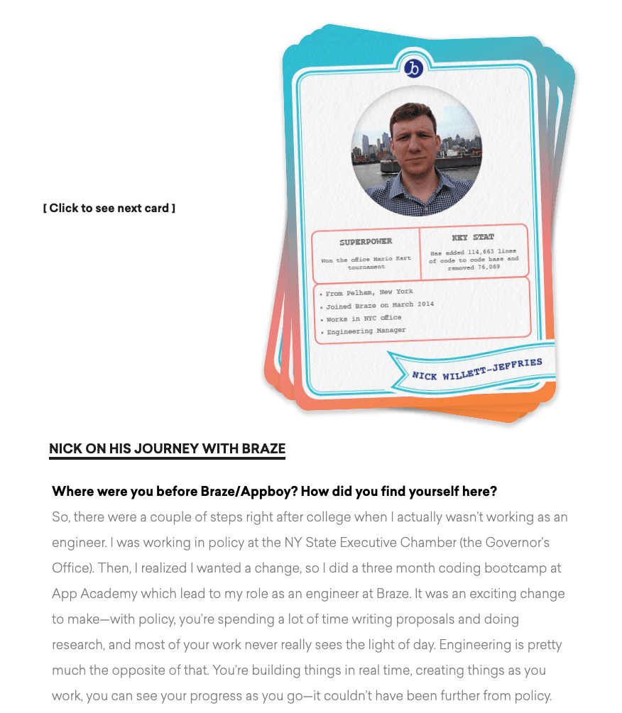 Brazeball Card entry featuring Nick Willett-Jeffries of the Braze engineering team