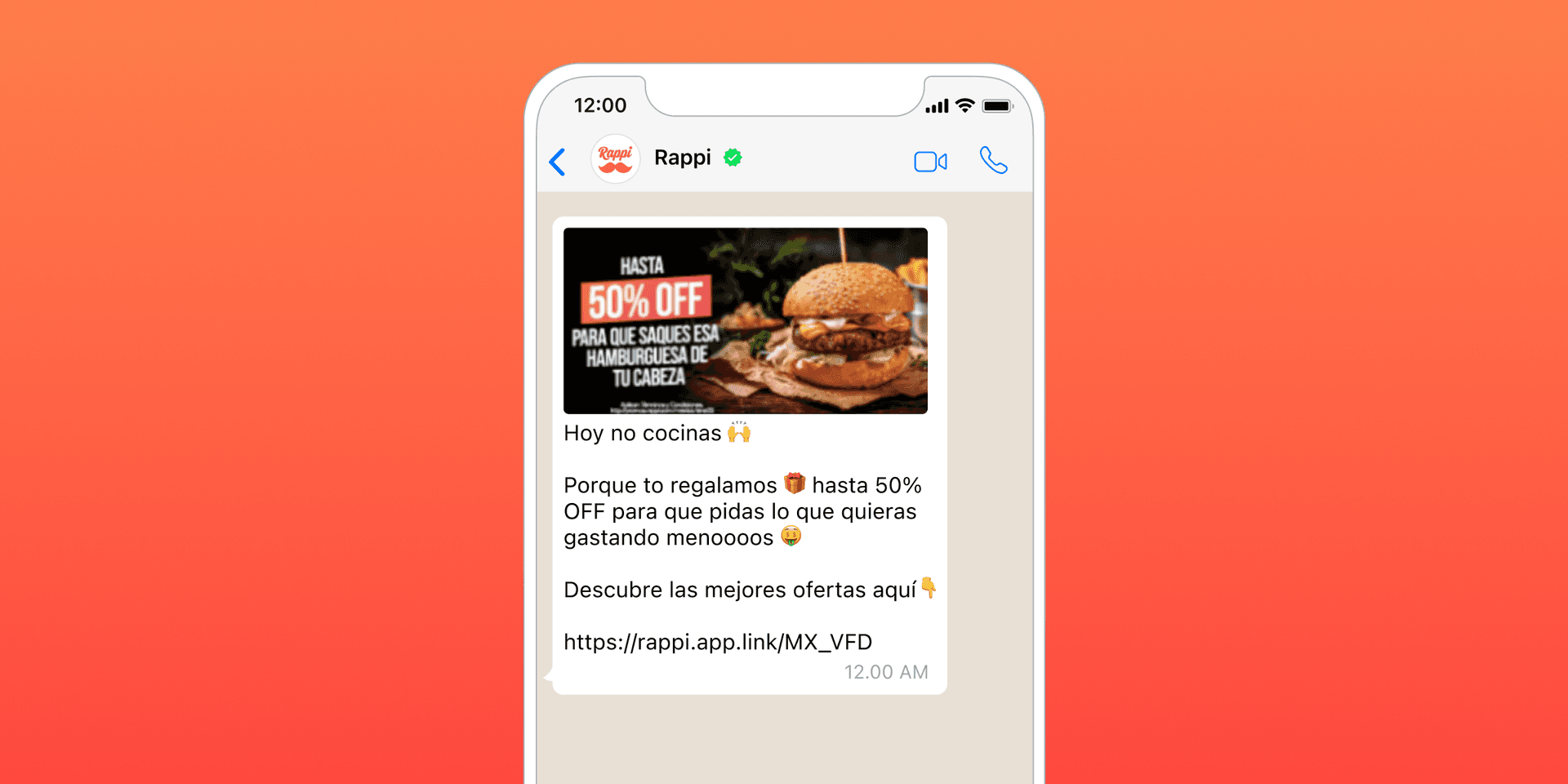 a phone with a hamburger on the screen that says 50 % off