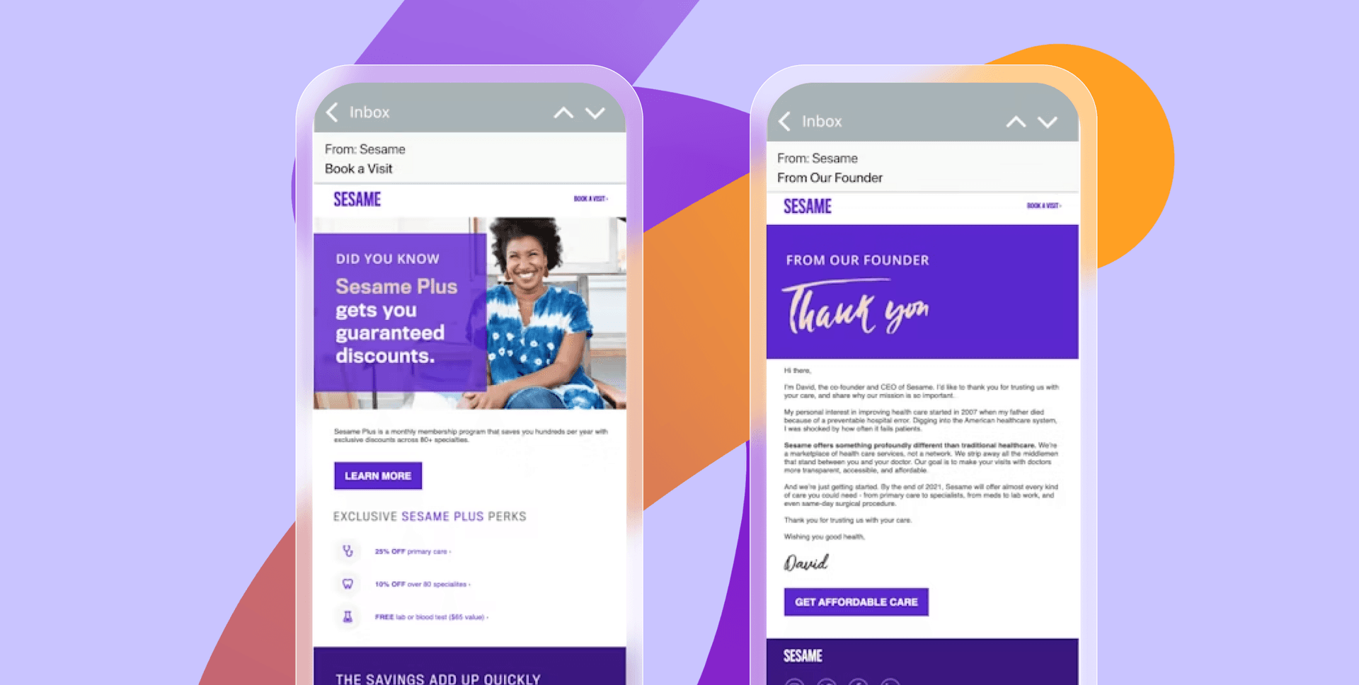 Two phones screens showing emails from Sesame Care about what they do