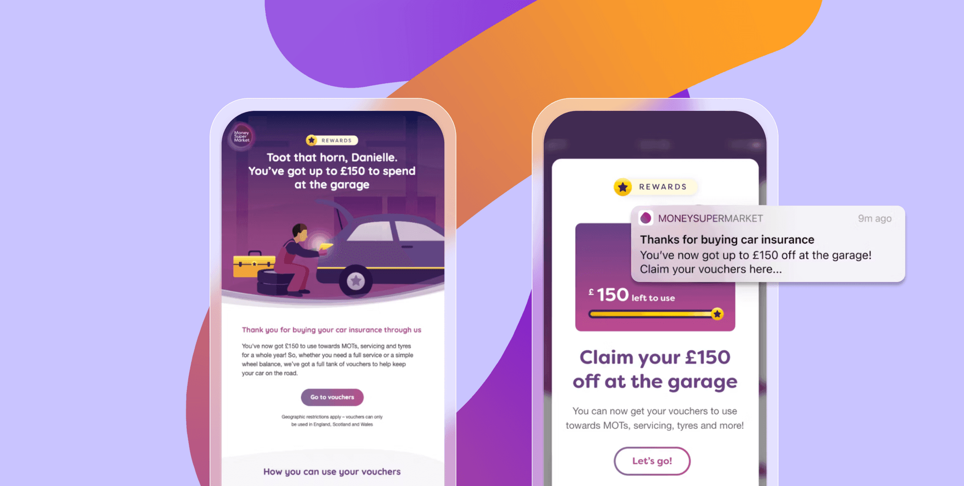 Two phones showing emails and a push notification from MoneySuperMarket about car insurance