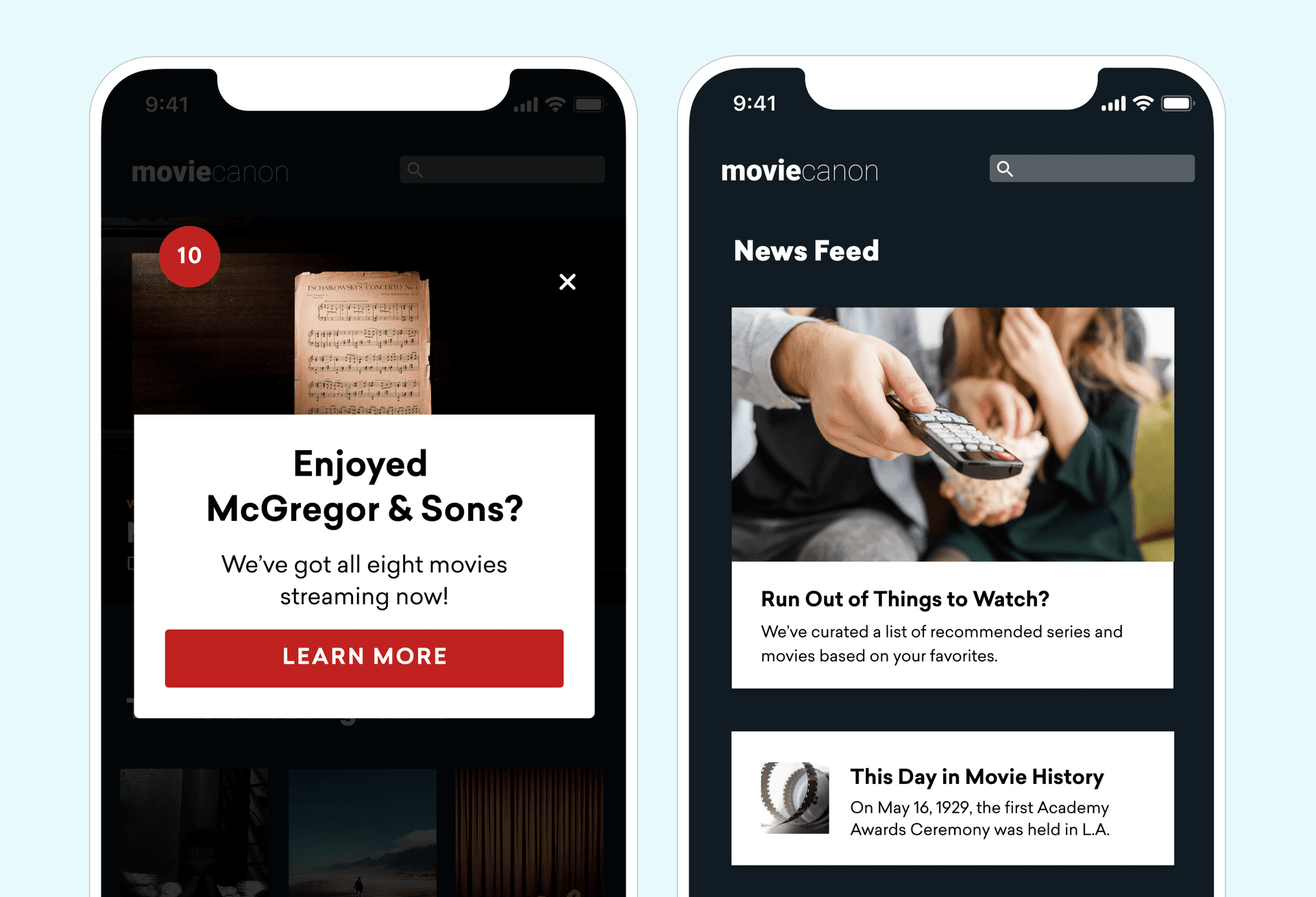 Content Cards rendered as an in-app inbox (left) and as a new feed (right)