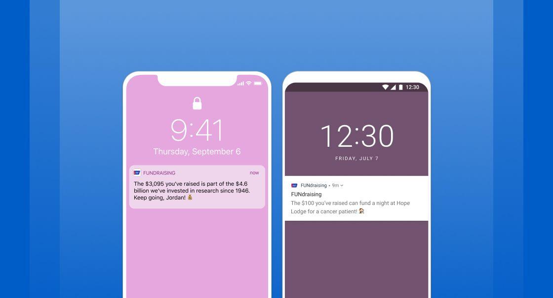 Personalized push notifications sent by ACS to drive donations and engagement