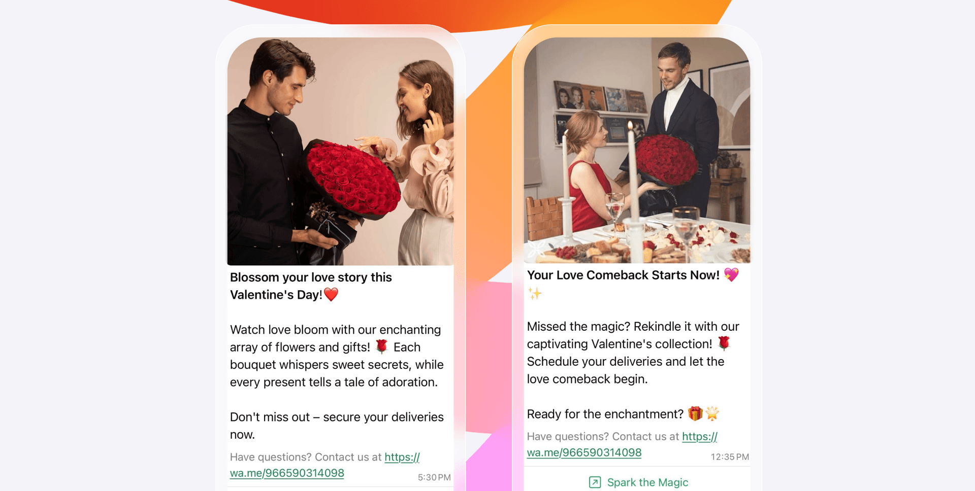 a valentine 's day advertisement shows a man giving a woman a bouquet of red roses