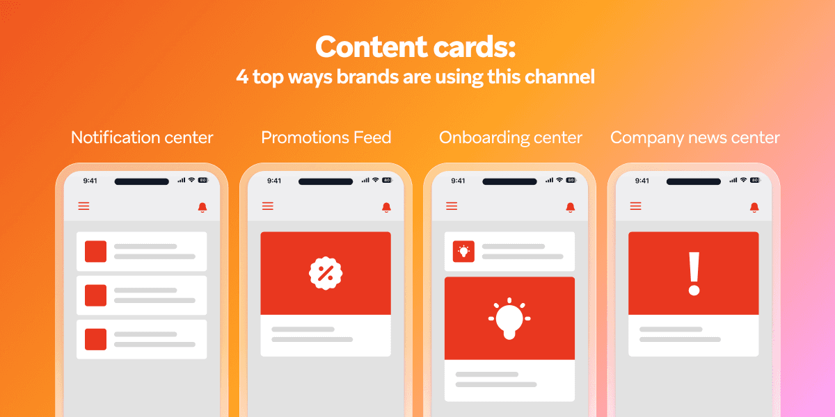 Illustration of four smartphone screens demonstrating content cards for Notification center, Promotions Feed, Onboarding center, and Company news center.