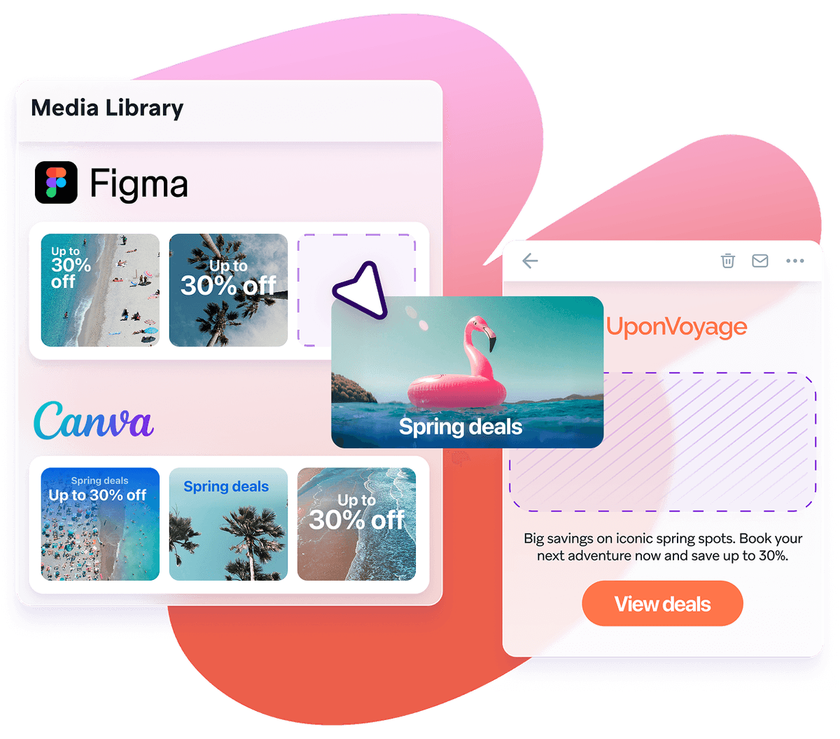 A cursor drags a travel image from a media library interface (Figma/Canva) into an UponVoyage email marketing draft.