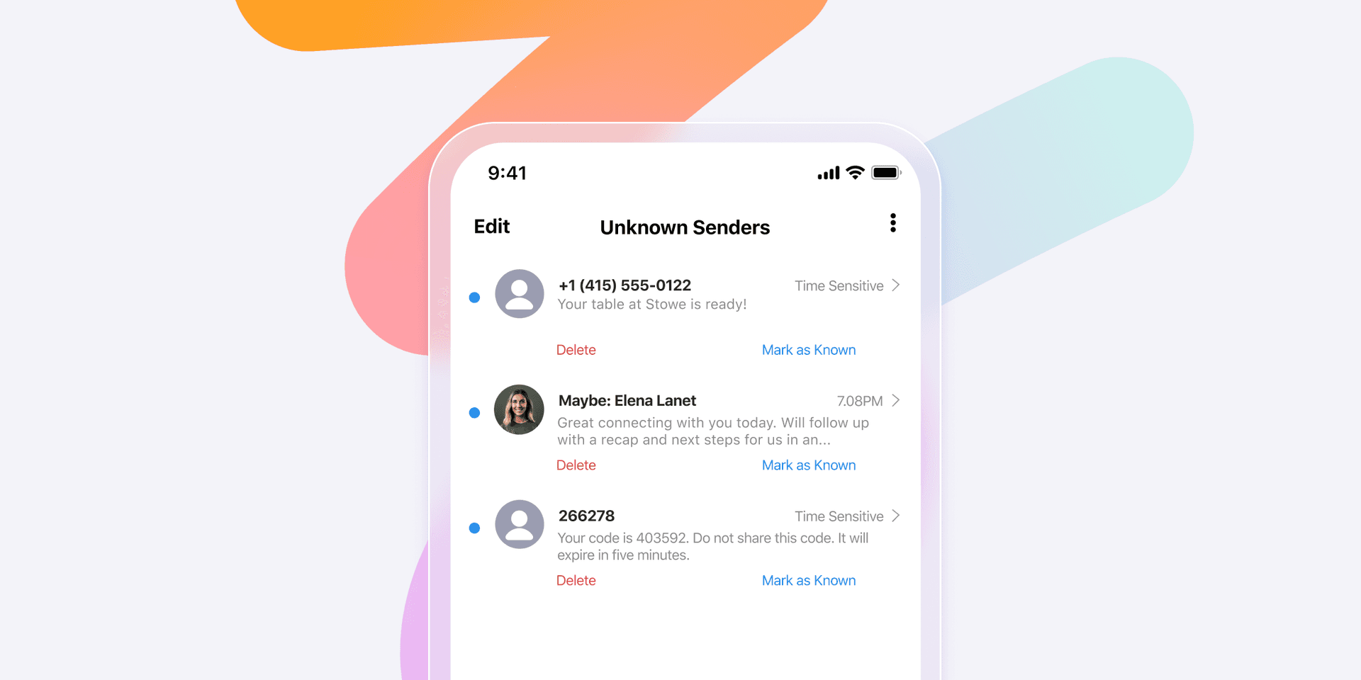 a phone screen shows a list of unknown senders