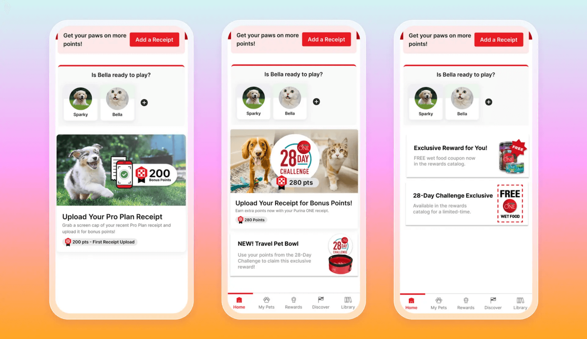 Three mobile app screens showcasing a pet rewards program where users can upload receipts for points, manage pet profiles, and earn exclusive rewards through challenges.