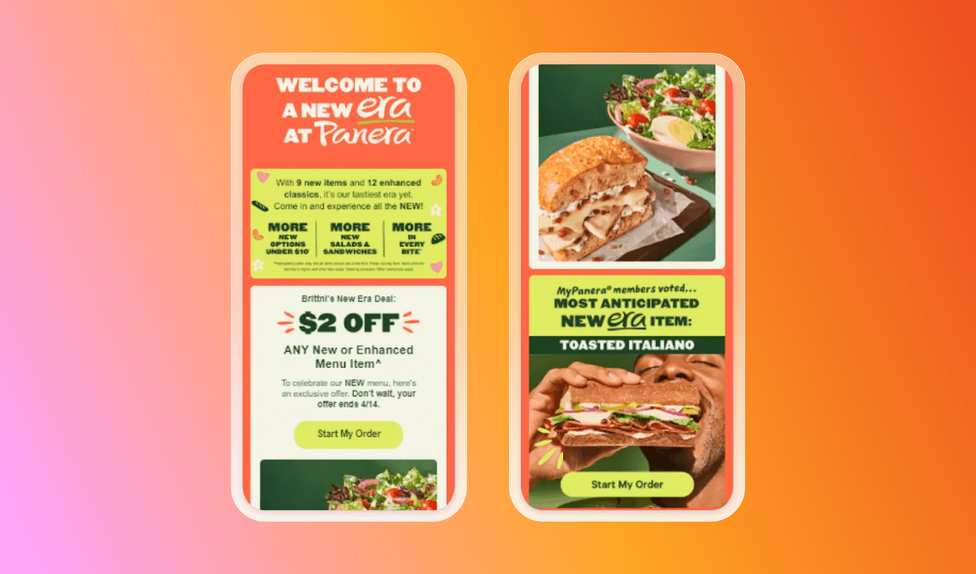 Two mobile screens display Panera Bread advertisements for their "New Era" menu, showcasing food items like sandwiches and a salad, and a "$2 OFF" deal.