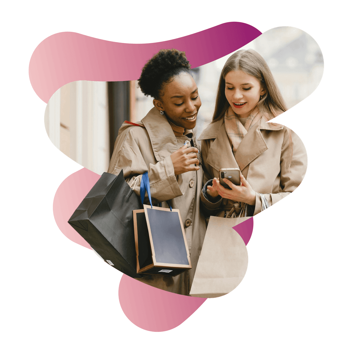 a woman holding a cellphone showing some information in it to another woman holding some bags. They look like they were doing shopping.