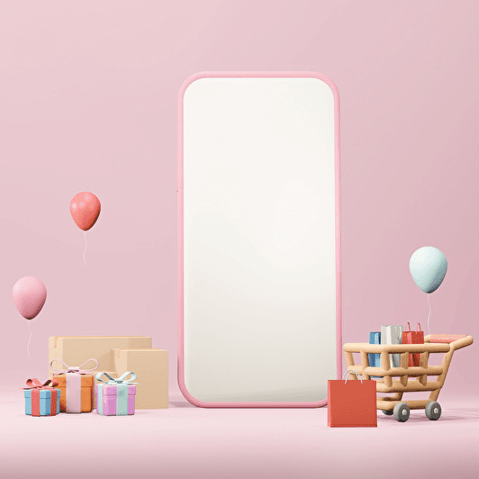 A large, blank pink smartphone screen surrounded by a shopping cart with bags, gift boxes, and balloons on a pink background.