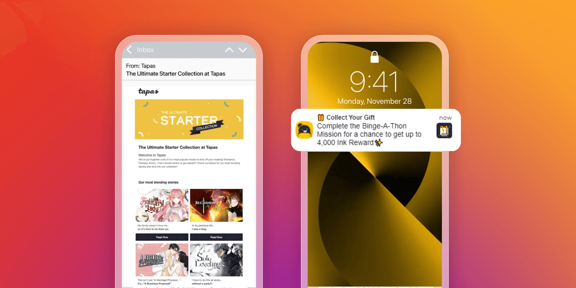 Two smartphones display app content: the left shows a Tapas email with comic recommendations, and the right shows a lock screen with a notification about a "Binge-A-Thon Mission" and "Ink Reward."