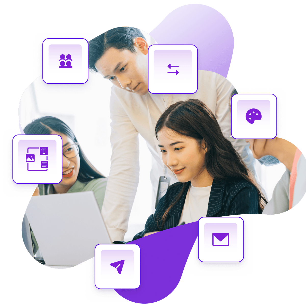 a group of people looking at a laptop with purple icons around them