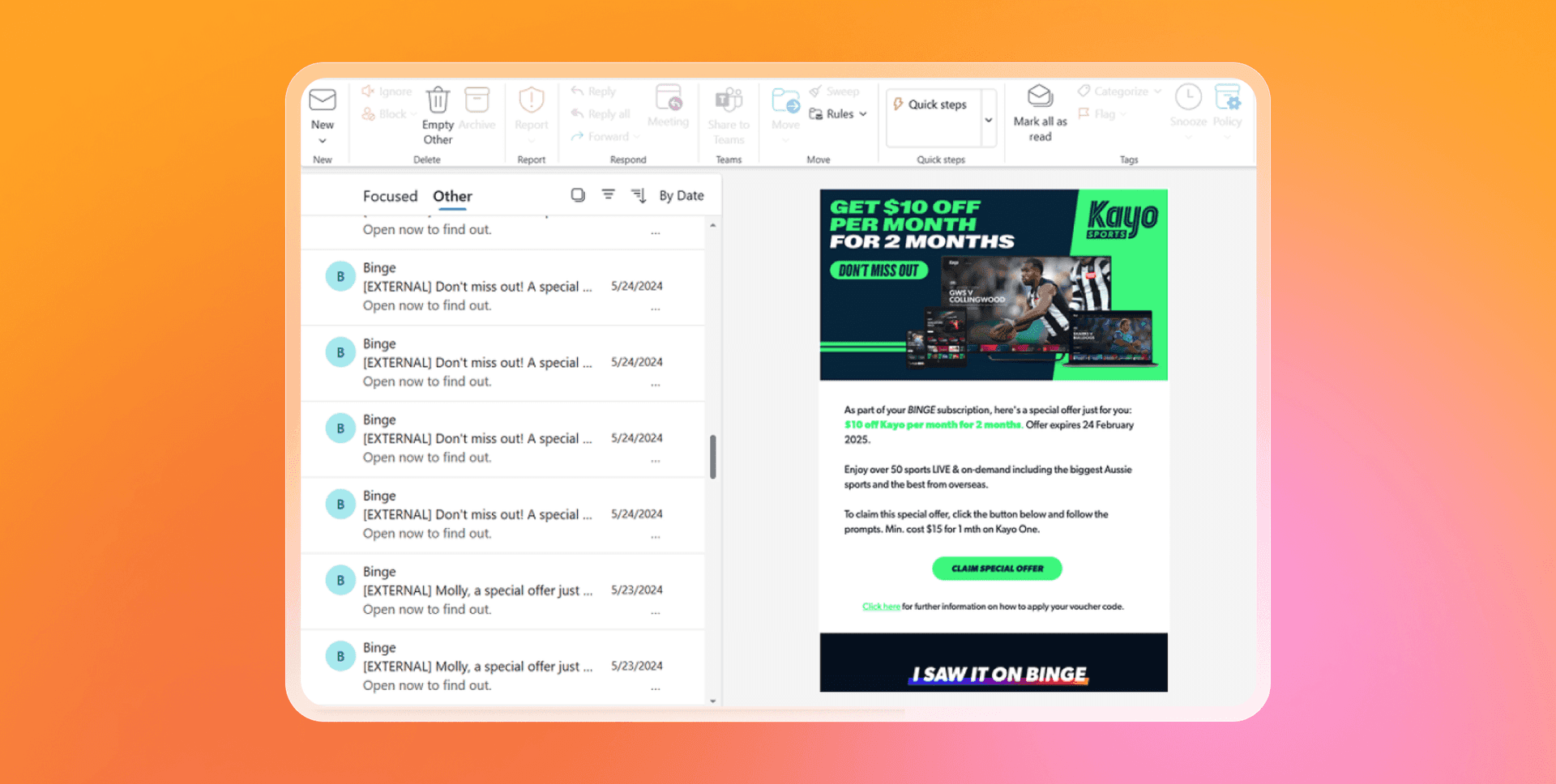 An email inbox displaying multiple unread Binge emails and an open Kayo Sports promotional email offering $10 off, featuring a soccer player.