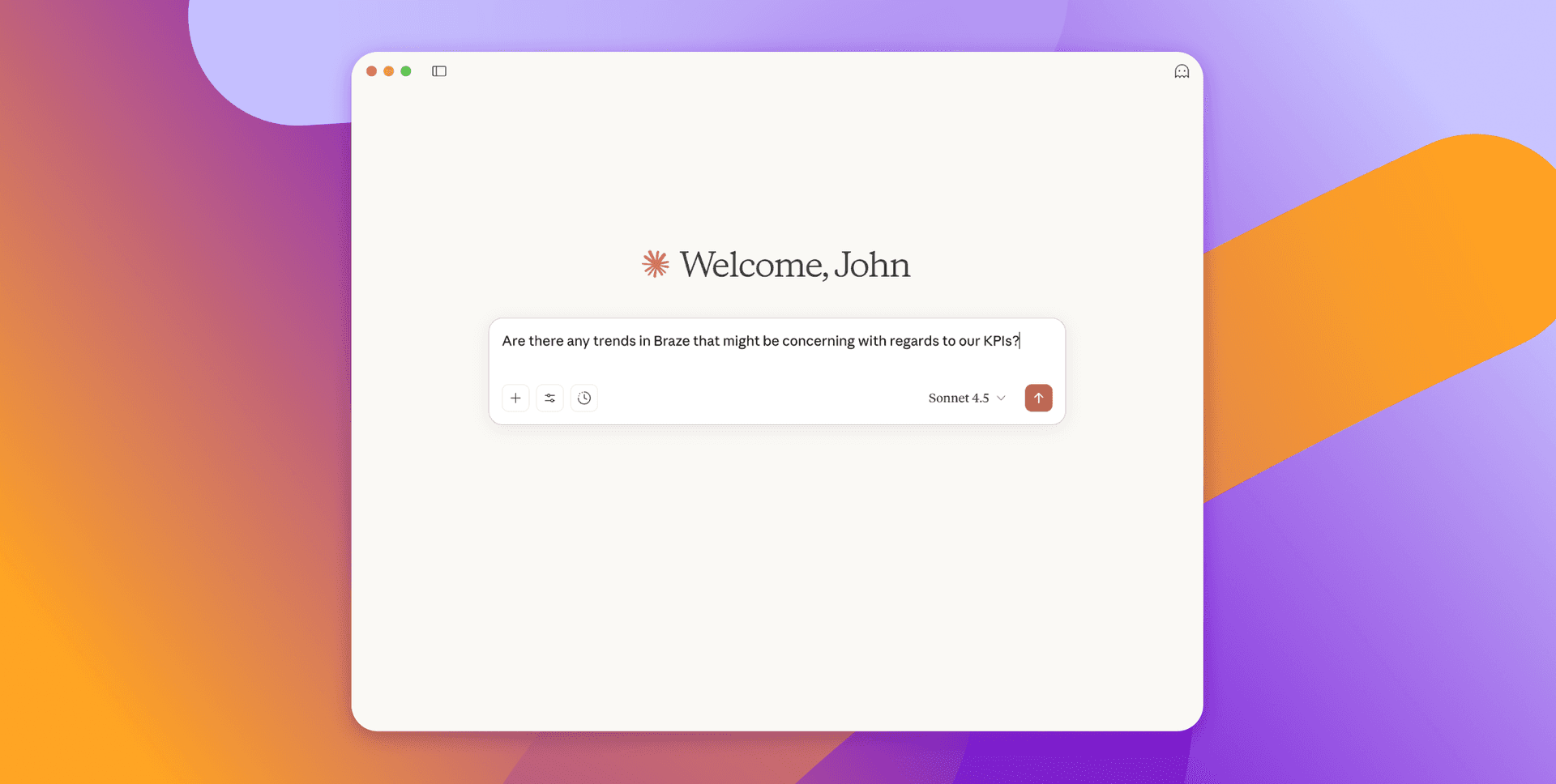 A desktop application displaying "Welcome, John" and a text input asking about trends in Braze concerning KPIs.
