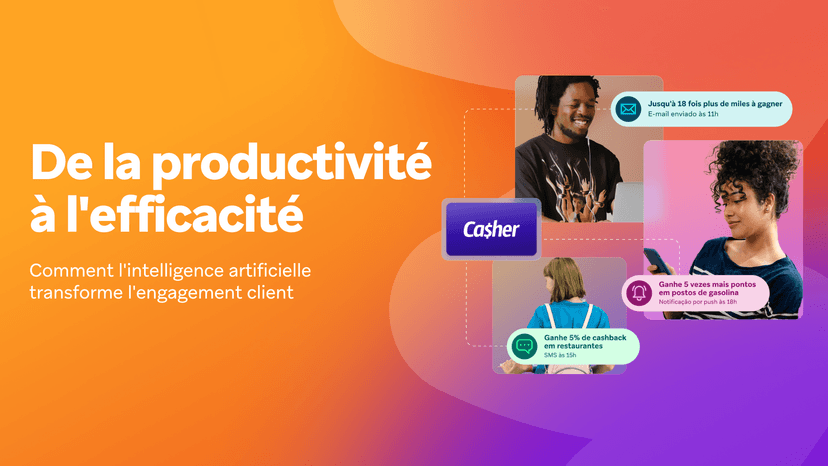 Graphic with French text about AI transforming customer engagement, alongside diverse people receiving personalized loyalty rewards via their devices.