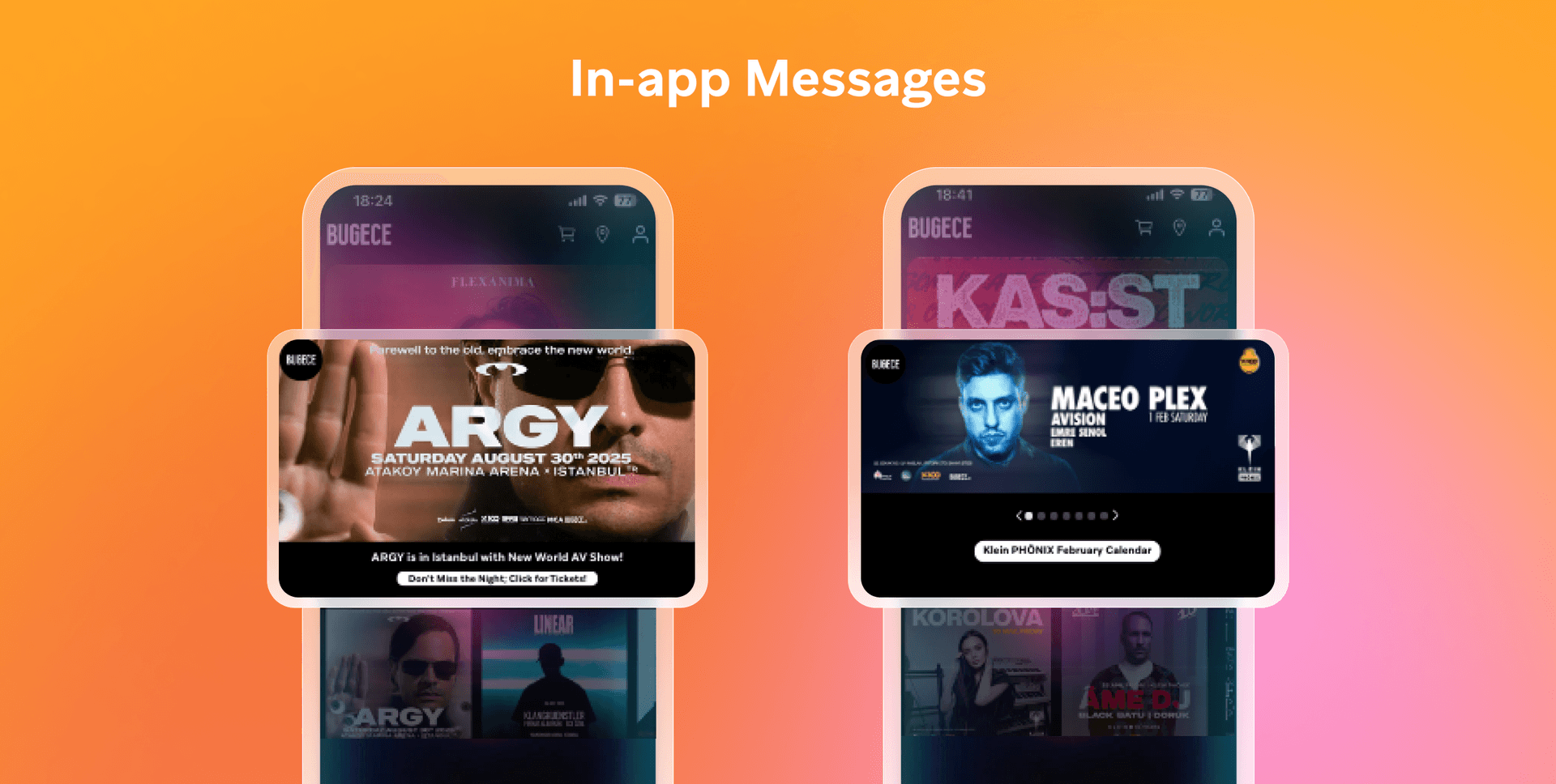 two phones with the words in-app messages above them