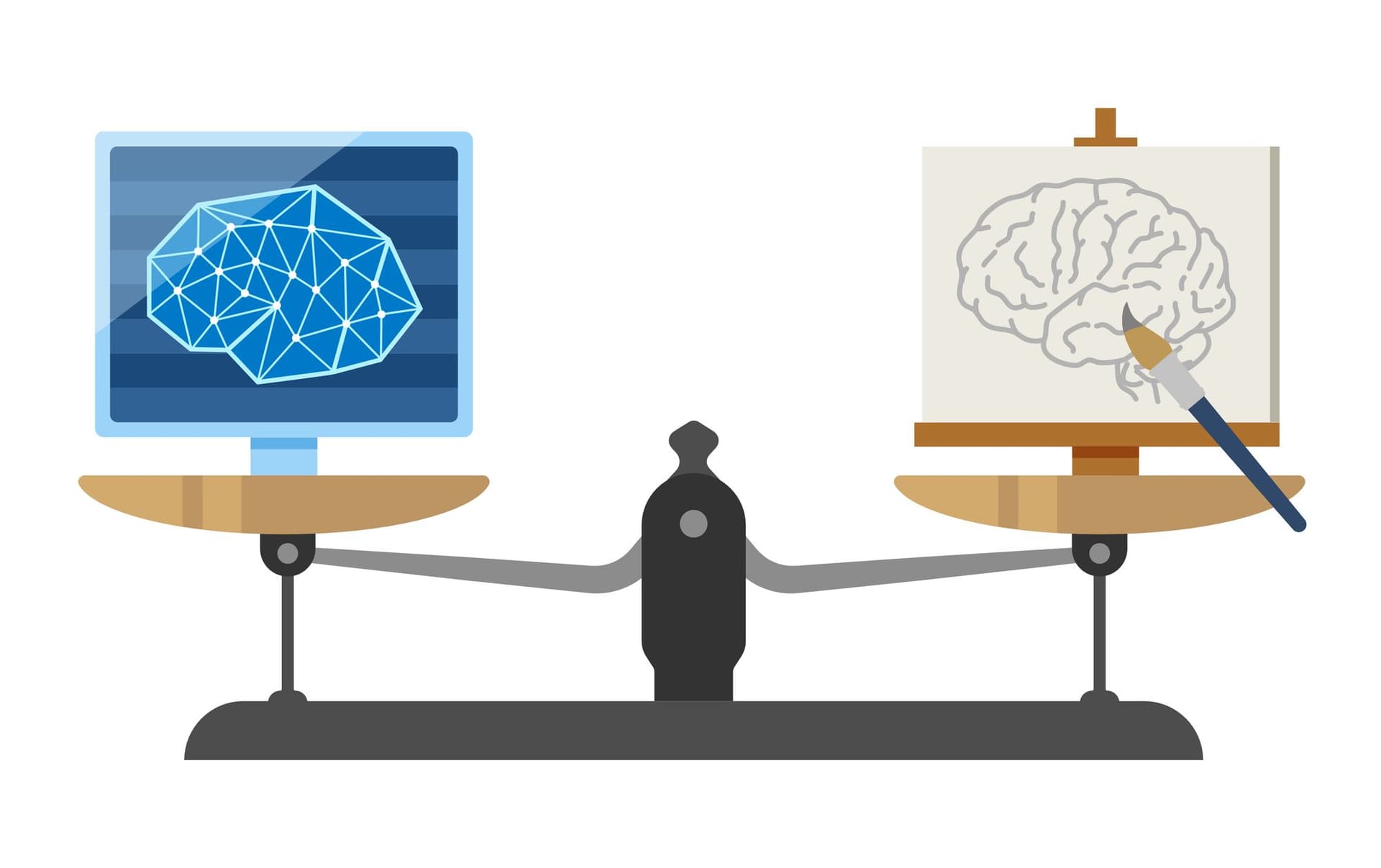 コンピューター画面上のデジタル脳とイーゼルに描かれた脳を天秤にかけている画像