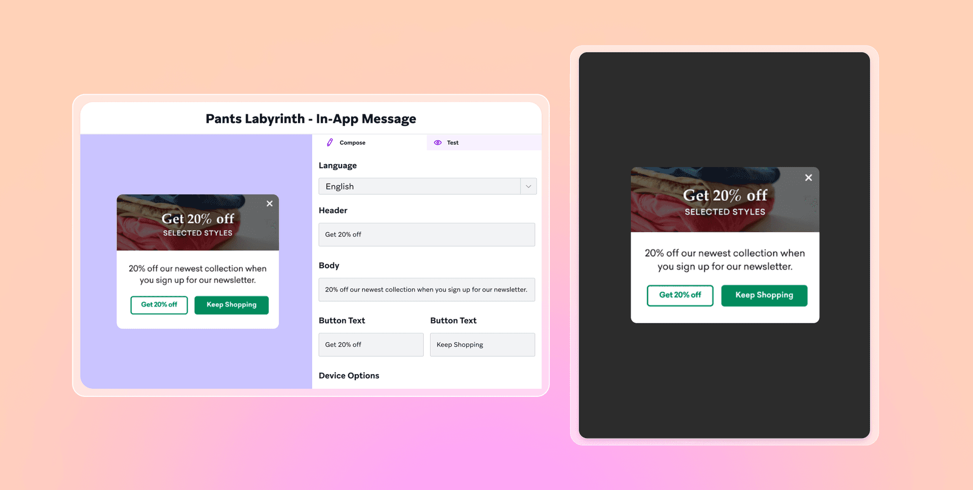a screenshot of a pants labyrinth in-app message
