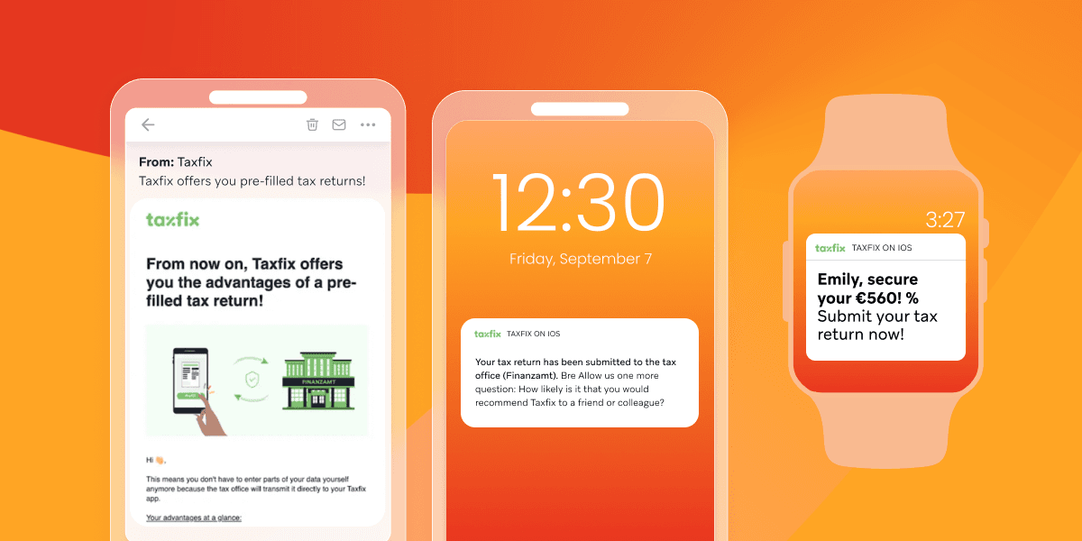 a phone displays a message from taxfix and a watch displays a message from emily