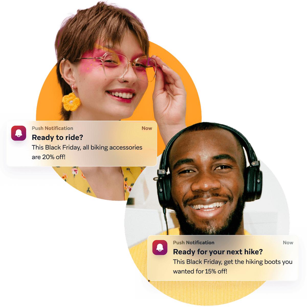 a man wearing headphones is smiling next to a woman wearing sunglasses