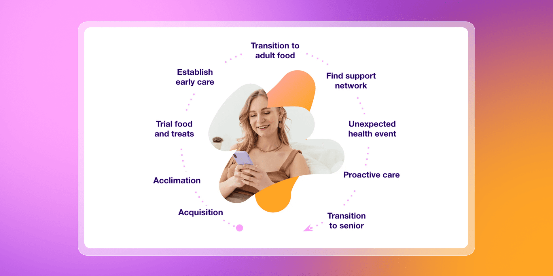 Circular diagram with a woman on her phone at the center, outlining pet life cycle stages from acquisition to senior care.