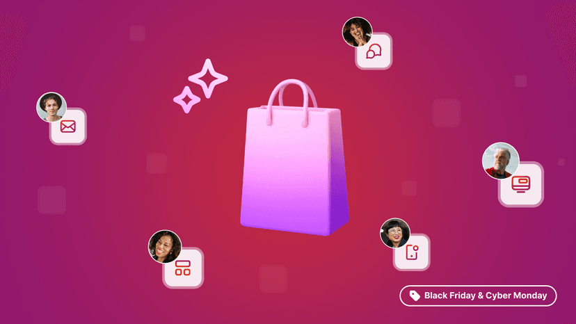 キラキラ光る紫の3Dショッピングバッグを、オンラインショッピングやコミュニケーションのアイコンを配した多様な人々のプロフィールが囲み、「ブラックフライデー&サイバーマンデー」のタグが付いている。