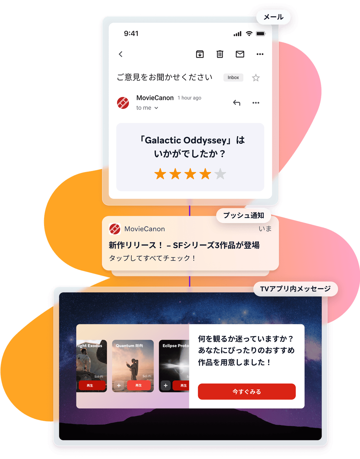 a phone screen shows a message from movie canon