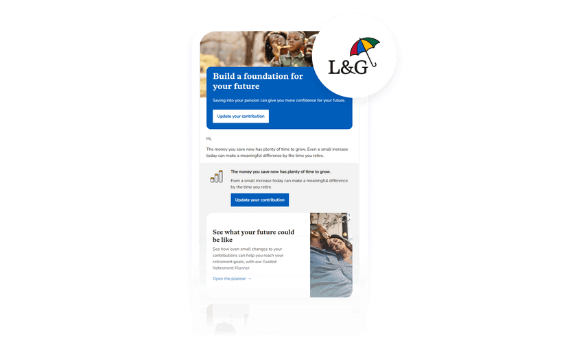 Smartphone displaying a Legal & General financial screen with the colorful umbrella logo.