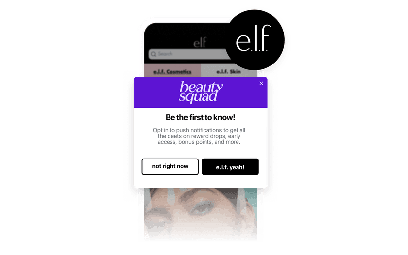 e.l.f. Cosmeticsアプリの画面に、「ビューティースクワッド」のポップアップが表示され、プッシュ通知のオプトインを促しています。