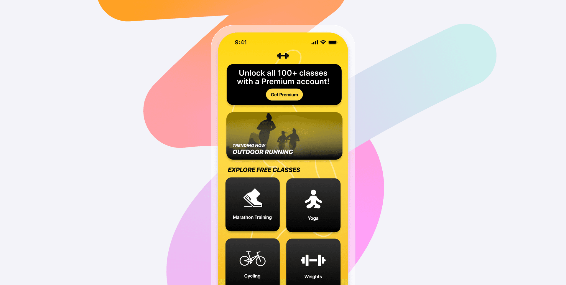 a phone screen that says unlock all 100+ classes with a premium account
