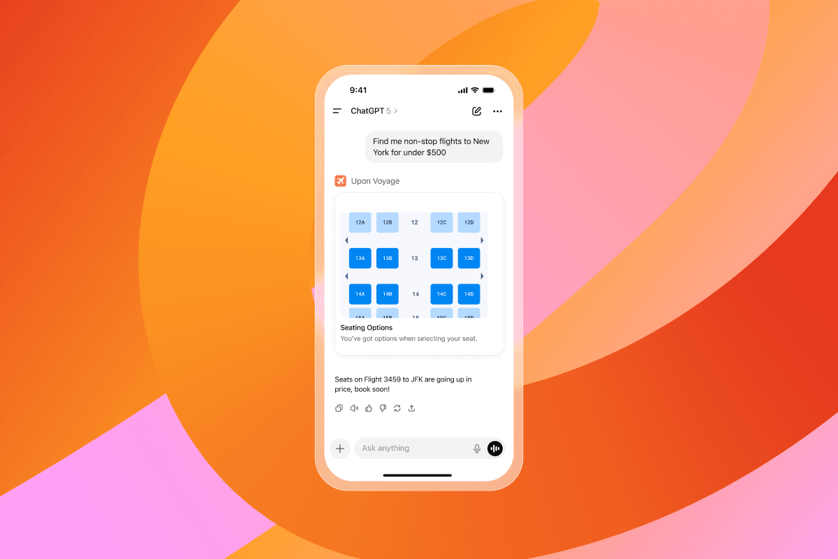 A smartphone displays the ChatGPT app with flight search results, showing an airplane seating chart and a warning that seats are going up in price.