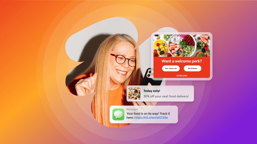 Smiling woman looks at her phone, surrounded by food delivery app notifications and a welcome perk pop-up.
