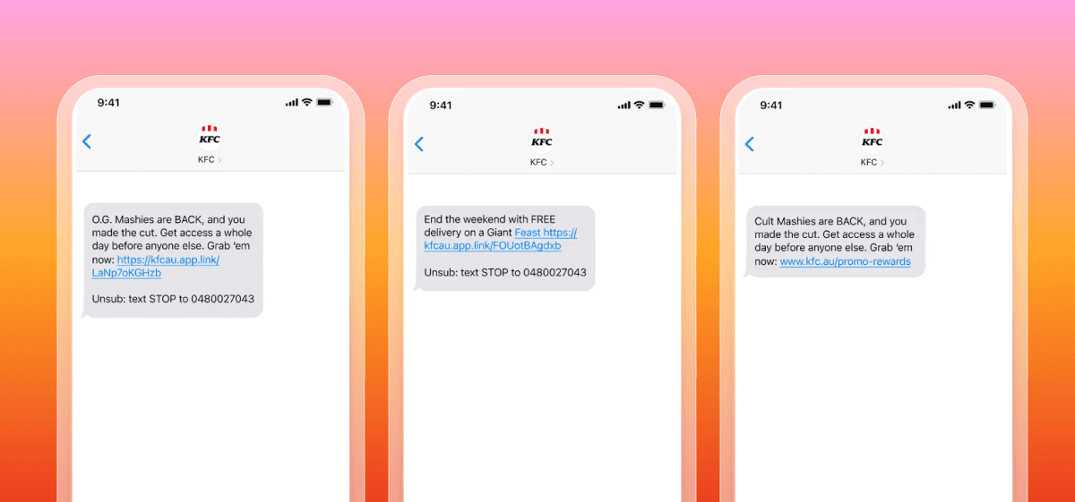 three phones with text messages from kfc on them