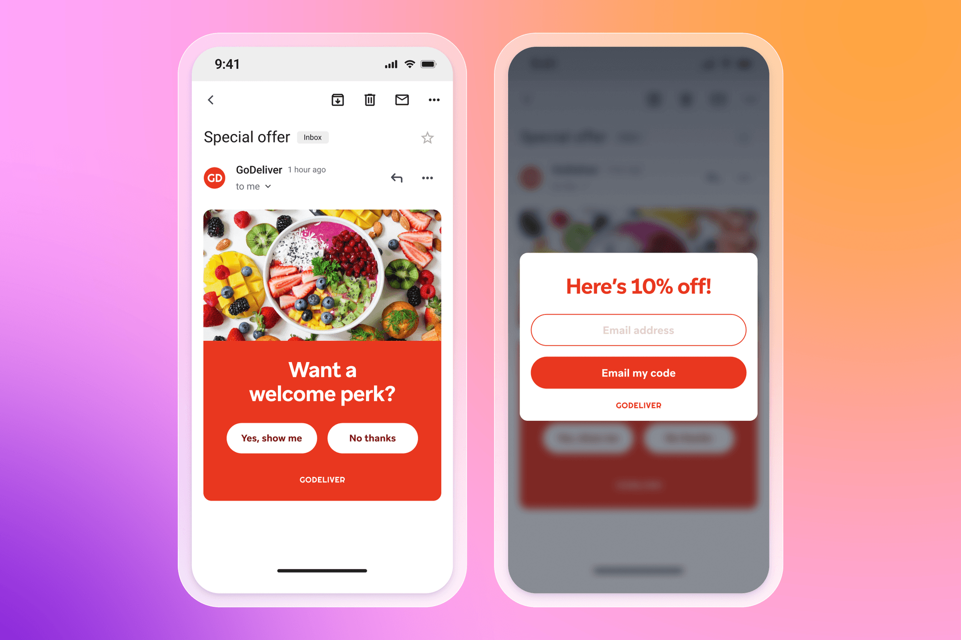 Mobile screens illustrate a GoDeliver welcome offer email with a fruit bowl and a follow-up pop-up requesting an email for a 10% discount.