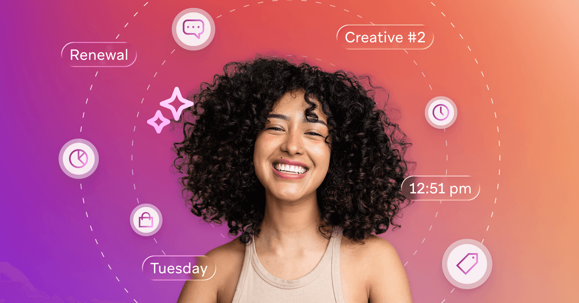 Smiling woman with curly hair, surrounded by floating icons and text labels for various tasks and information.
